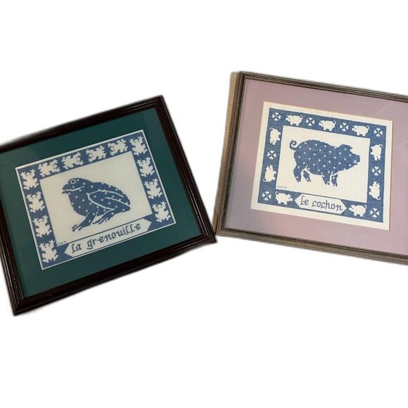 Framed Needlepoint Set La Grenouille Frog & Le Cochon Pig French Rustic Art